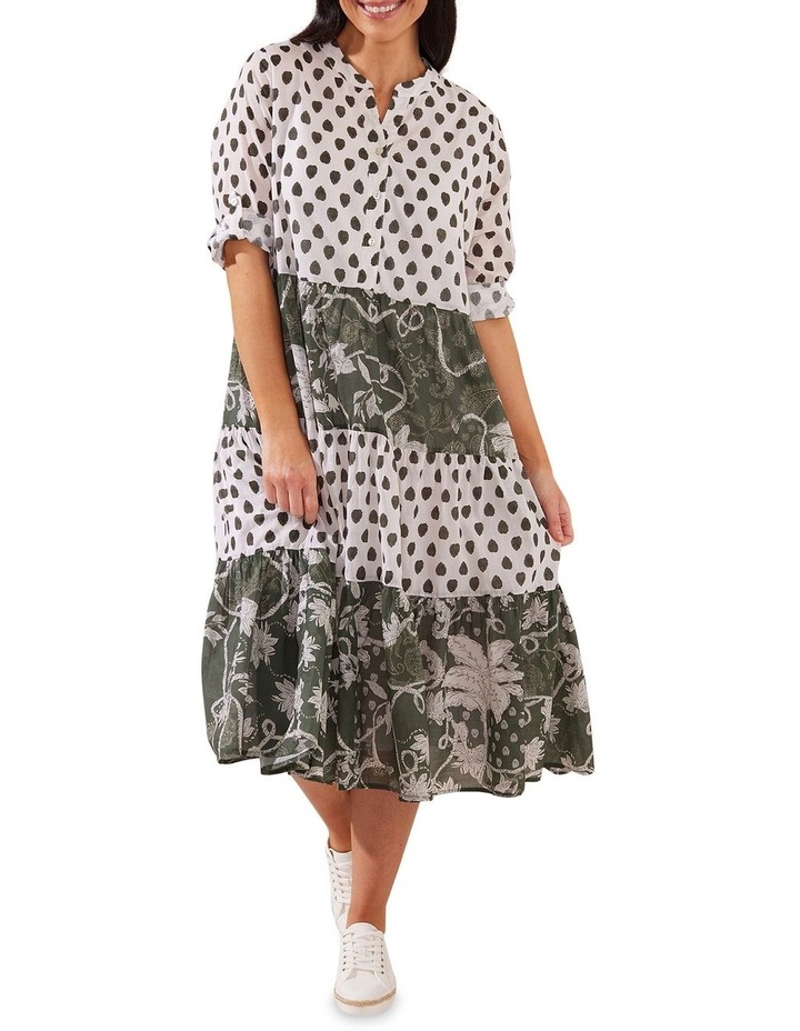 Mixed Print Tiered Dress in Khaki/White