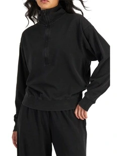 Denim Wash Half Zip Pullover Sweat Top in Stone Black