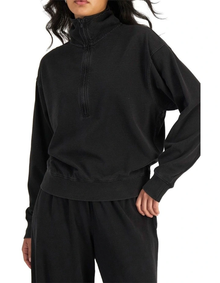 Denim Wash Half Zip Pullover Sweat Top in Stone Black image 1