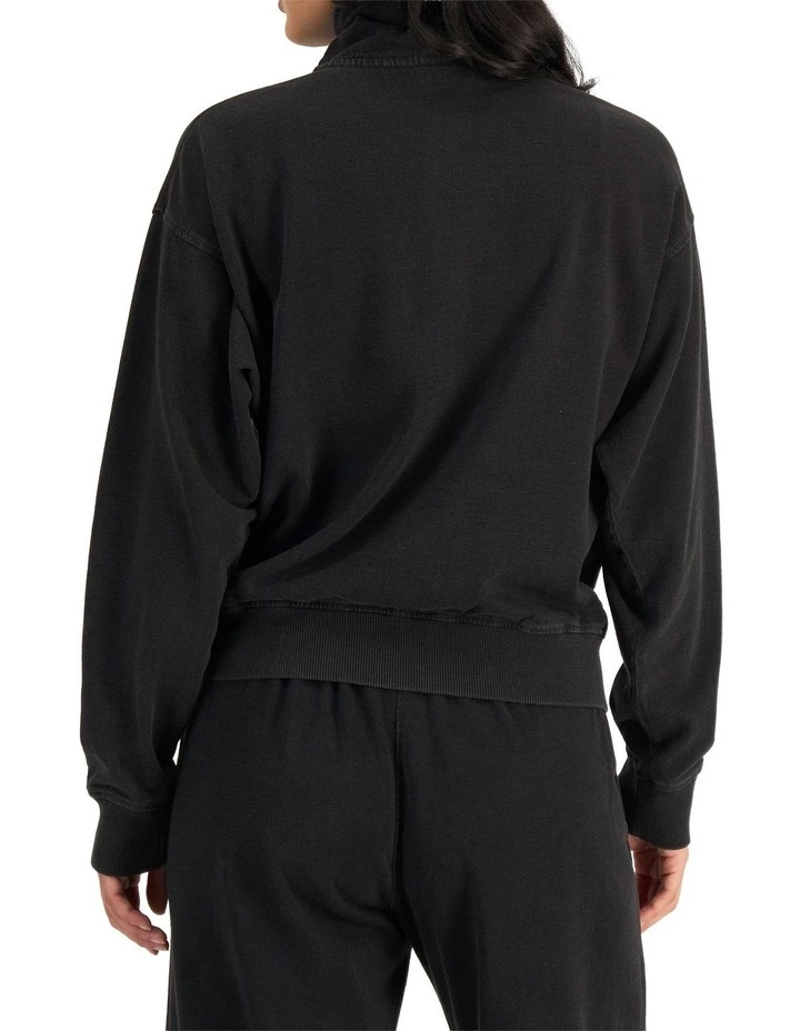 Denim Wash Half Zip Pullover Sweat Top in Stone Black image 2