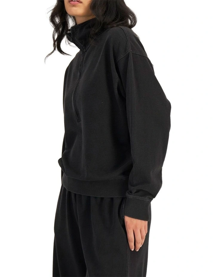 Denim Wash Half Zip Pullover Sweat Top in Stone Black image 3