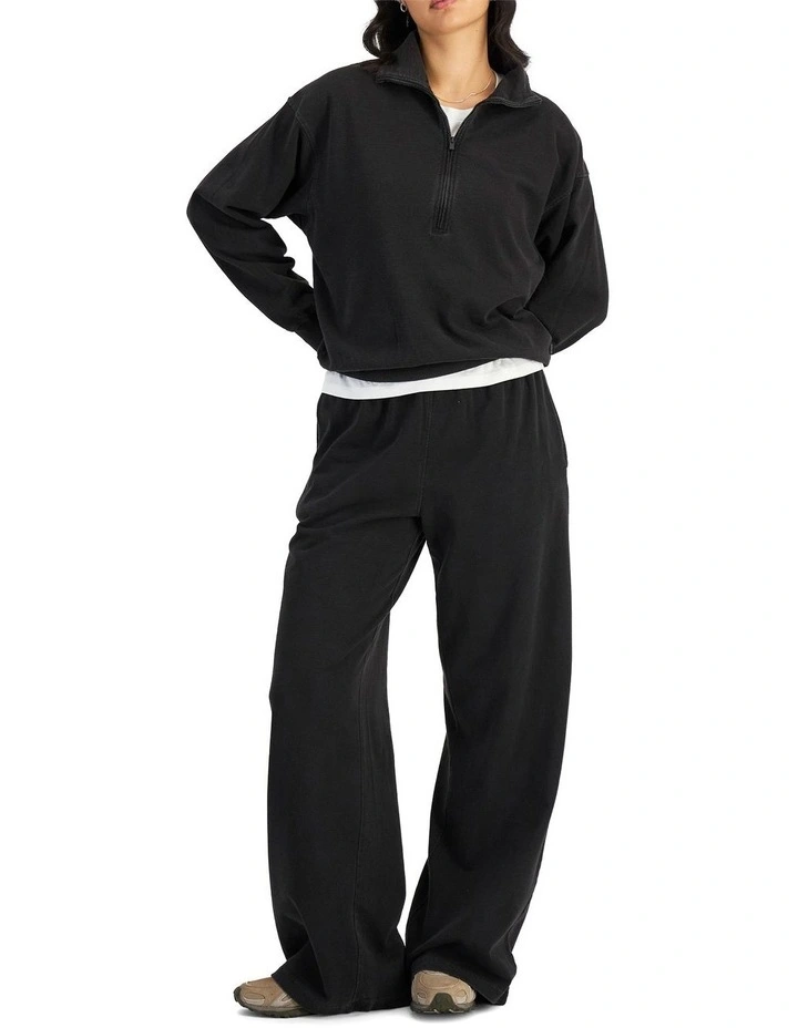 Denim Wash Half Zip Pullover Sweat Top in Stone Black image 4