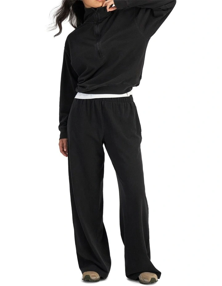 Denim Wash Half Zip Pullover Sweat Top in Stone Black image 5