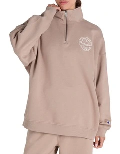 Varsity Quarter Crew Jumper in Beige