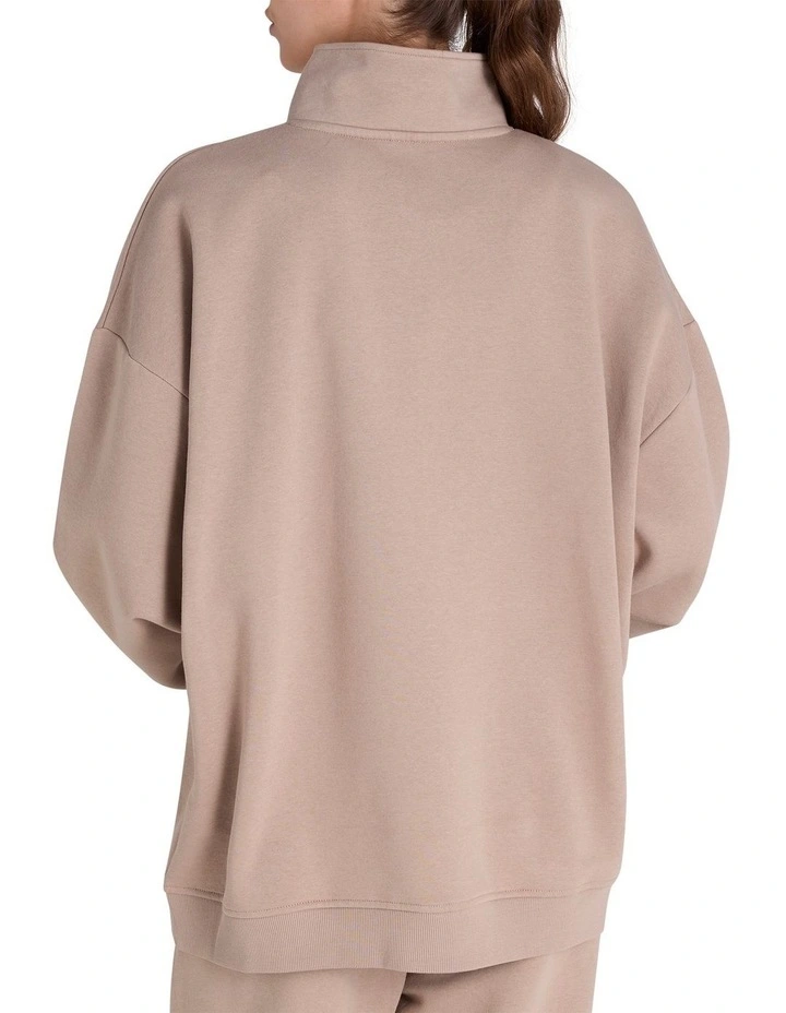 Varsity Quarter Crew Jumper in Beige image 2