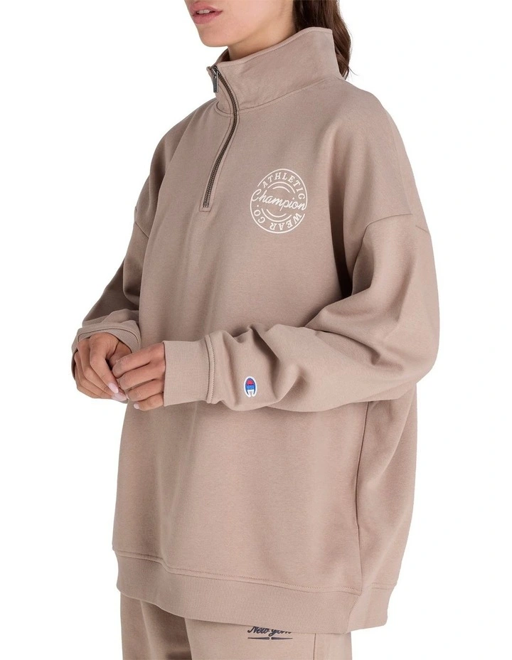 Varsity Quarter Crew Jumper in Beige image 3