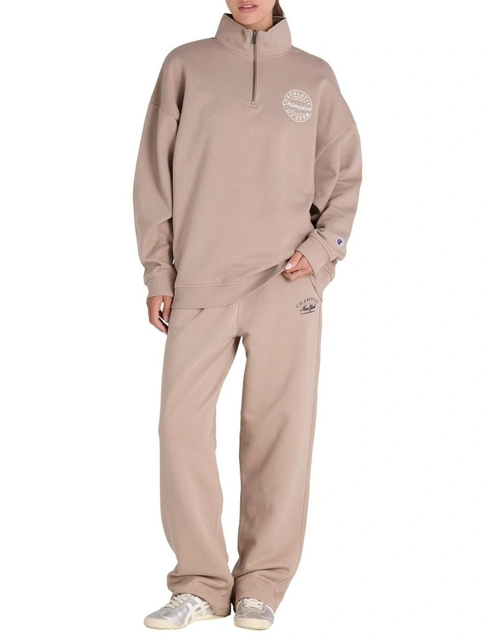 Varsity Quarter Crew Jumper in Beige image 4