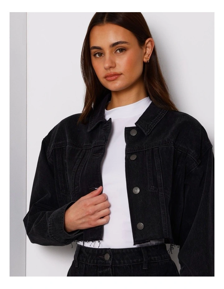 Panelled Denim Crop Jacket in Washed Black image 3