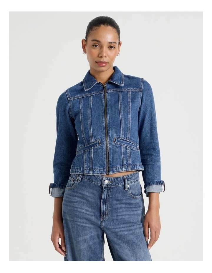 Shrunken Zip Through Denim Jacket in Denim image 1