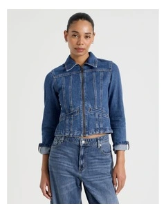 Shrunken Zip Through Denim Jacket in Denim