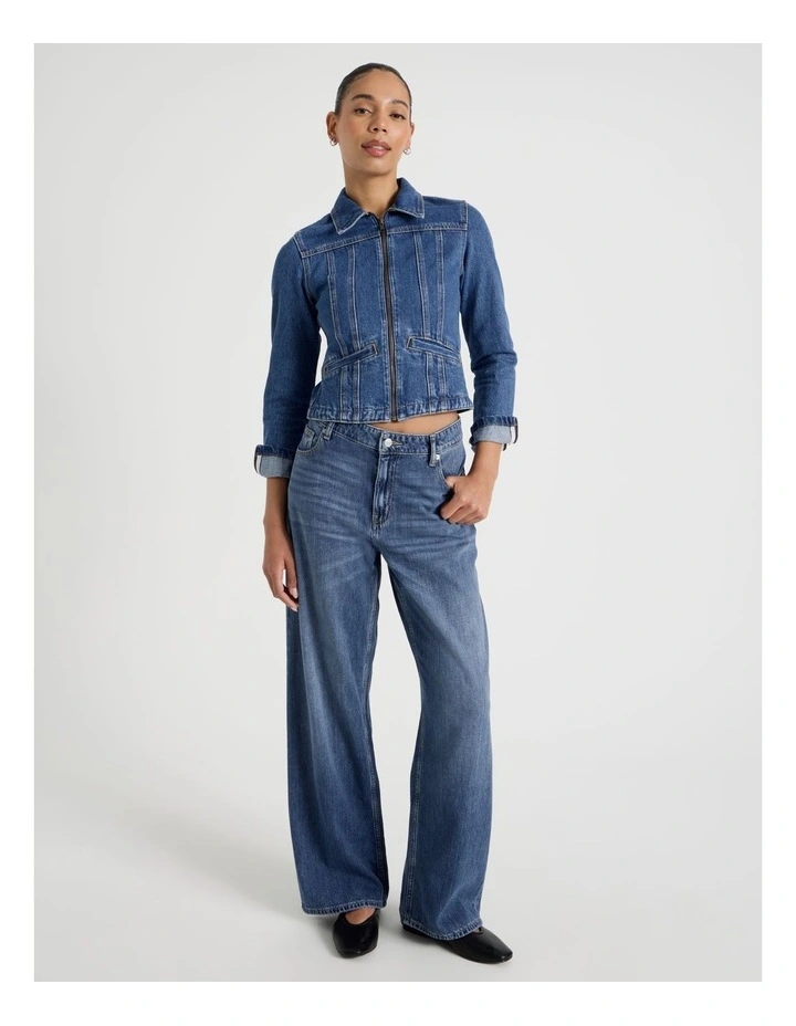 Shrunken Zip Through Denim Jacket in Denim image 2