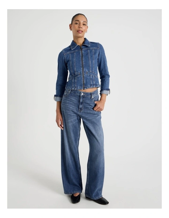 Shrunken Zip Through Denim Jacket in Denim image 2