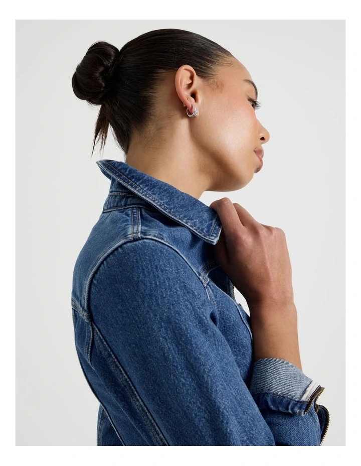 Shrunken Zip Through Denim Jacket in Denim image 3