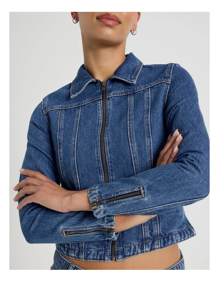 Shrunken Zip Through Denim Jacket in Denim image 4