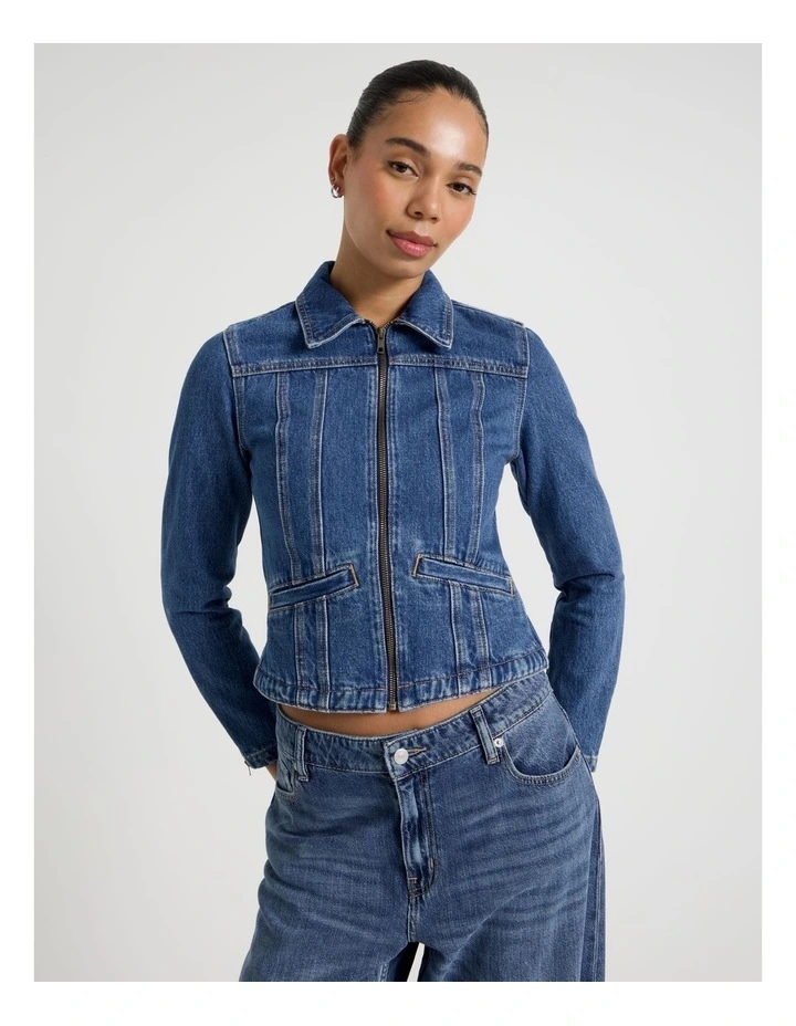 Shrunken Zip Through Denim Jacket in Denim image 5