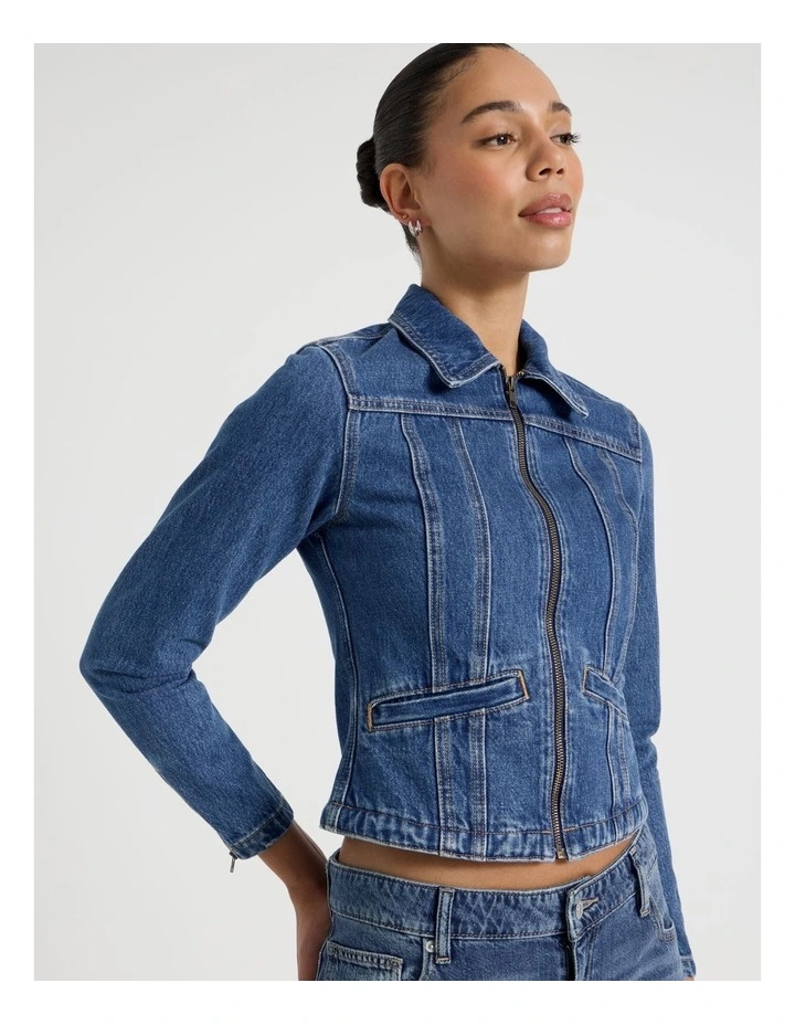 Shrunken Zip Through Denim Jacket in Denim image 7