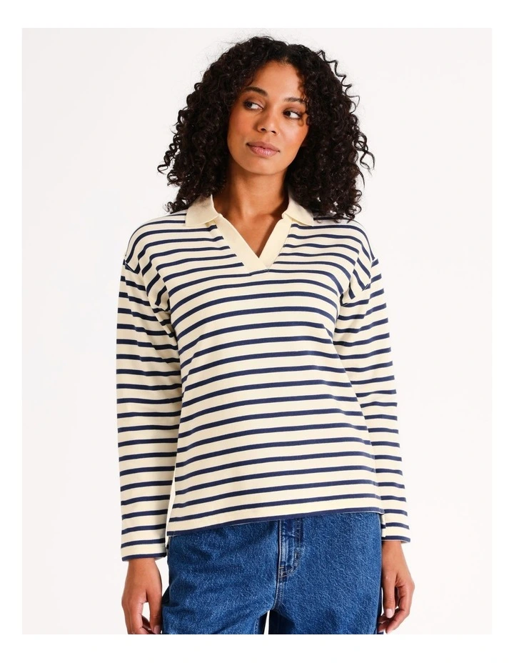 Striped Polo Sweat Top in Ivory image 2