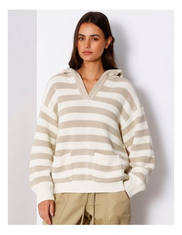 Cotton Knit Hoodie in Cream/Bisque Stripe