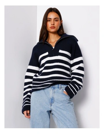 Zip Neck Knit Jumper in Navy/White Stripe