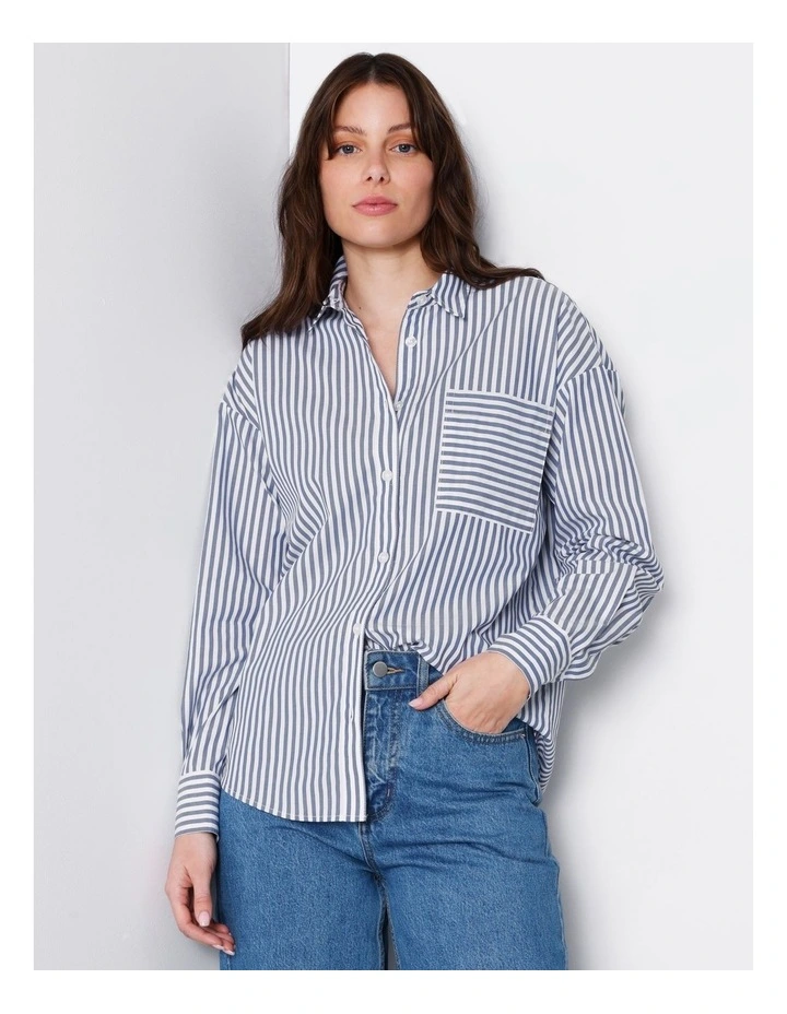 Organic Blend Oversized Cotton Shirt In Navy/ White Stripe image 4