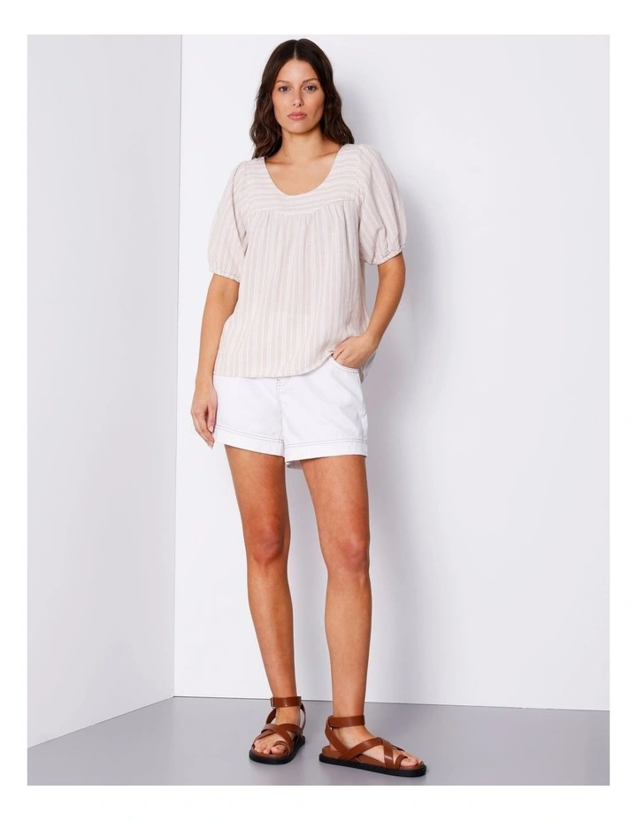 Linen Blend Scoop Neck Peasant Blouse in Pebble/ White Stripe image 3