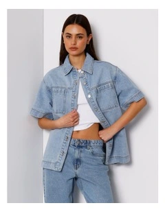Short Sleeve Oversized Denim Shirt in Breeze Blue