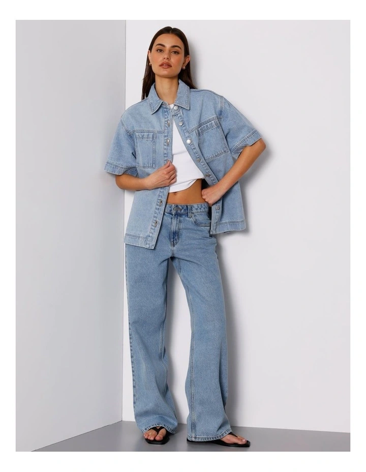 Short Sleeve Oversized Denim Shirt in Breeze Blue image 2