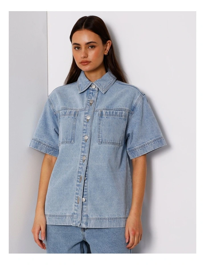 Short Sleeve Oversized Denim Shirt in Breeze Blue image 5