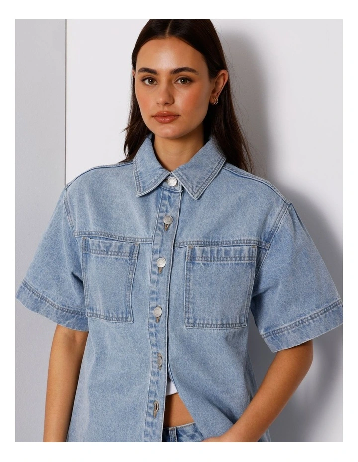 Short Sleeve Oversized Denim Shirt in Breeze Blue image 7