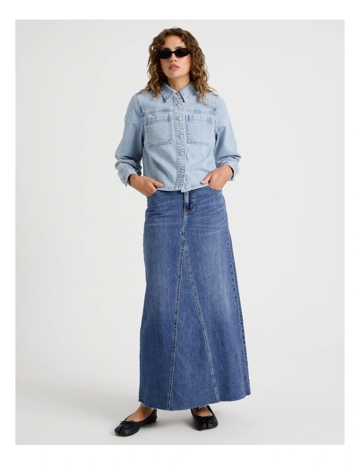 Boxy Long Sleeve Denim Shirt in Blue image 2