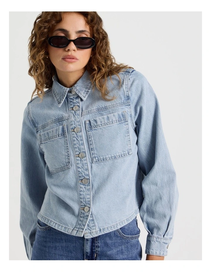 Boxy Long Sleeve Denim Shirt in Blue image 7