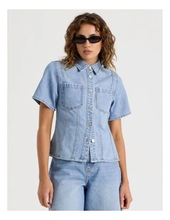 Shaped Short Sleeve Denim Shirt in Blue