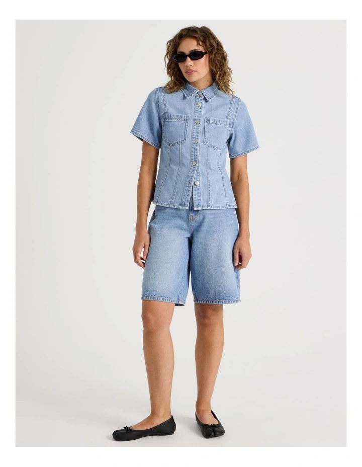 Shaped Short Sleeve Denim Shirt in Blue image 2