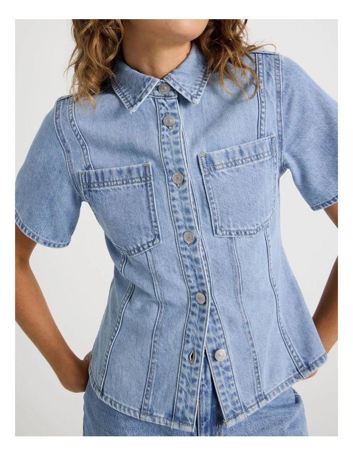Shaped Short Sleeve Denim Shirt in Blue image 4