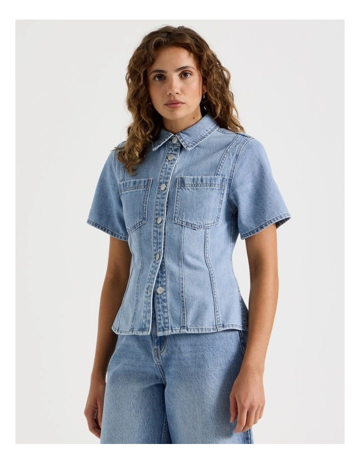 Shaped Short Sleeve Denim Shirt in Blue image 5