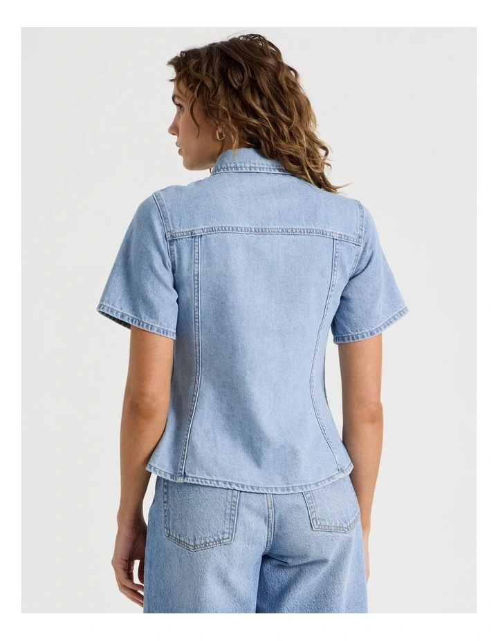 Shaped Short Sleeve Denim Shirt in Blue image 6