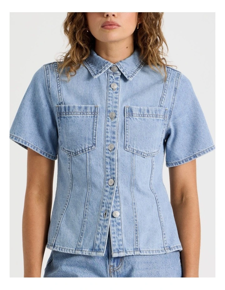 Shaped Short Sleeve Denim Shirt in Blue image 7