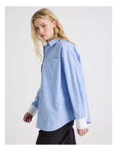 Poplin Oversized Long Sleeve Shirt in Blue