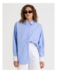 Poplin Oversized Long Sleeve Shirt in Blue