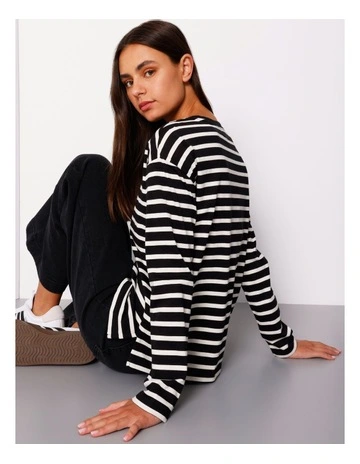 Organic Long Sleeve Single Jersey Crew Neck Tee in Black/White Stripe