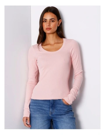 Organic Blend Long Sleeve Rib Scoop Neck Tee in Silver Pink