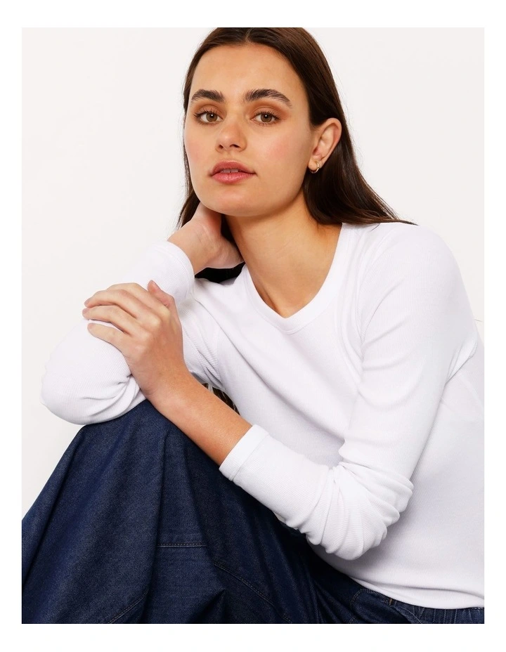 Organic Blend Long Sleeve Rib Crew Neck Tee in White image 1
