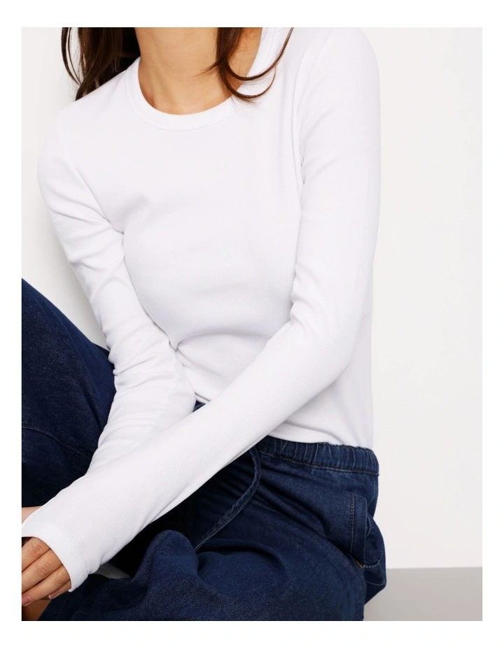 Organic Blend Long Sleeve Rib Crew Neck Tee in White image 2