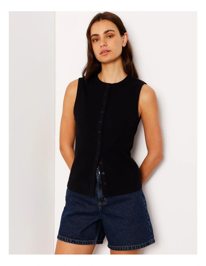 Button Through Rib Tank in Black image 5