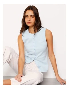 Button Through Rib Tank in Ice Blue