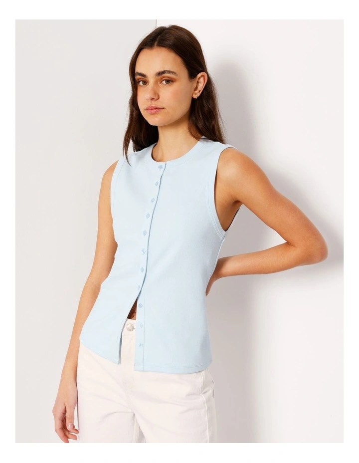 Button Through Rib Tank in Ice Blue image 3