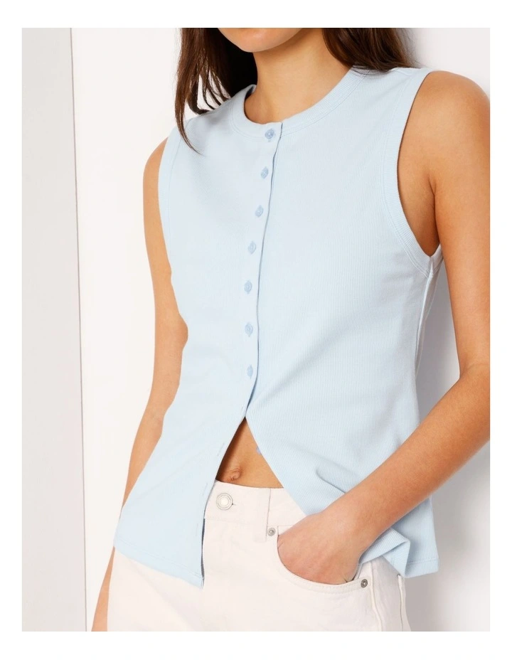 Button Through Rib Tank in Ice Blue image 4