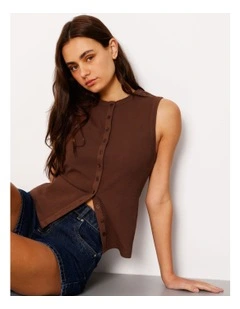 Button Through Rib Tank in Brown
