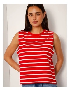 Relaxed Crew Neck Tank in Red/White Stripe