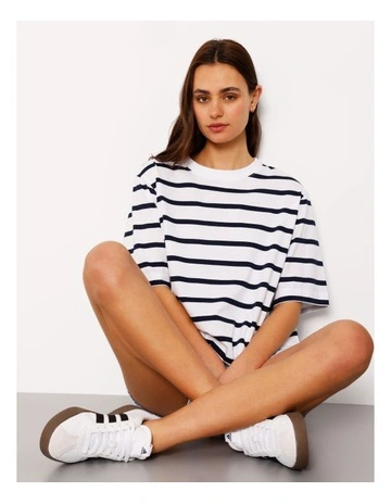Boxy Oversized Tee in White/Navy Stripe